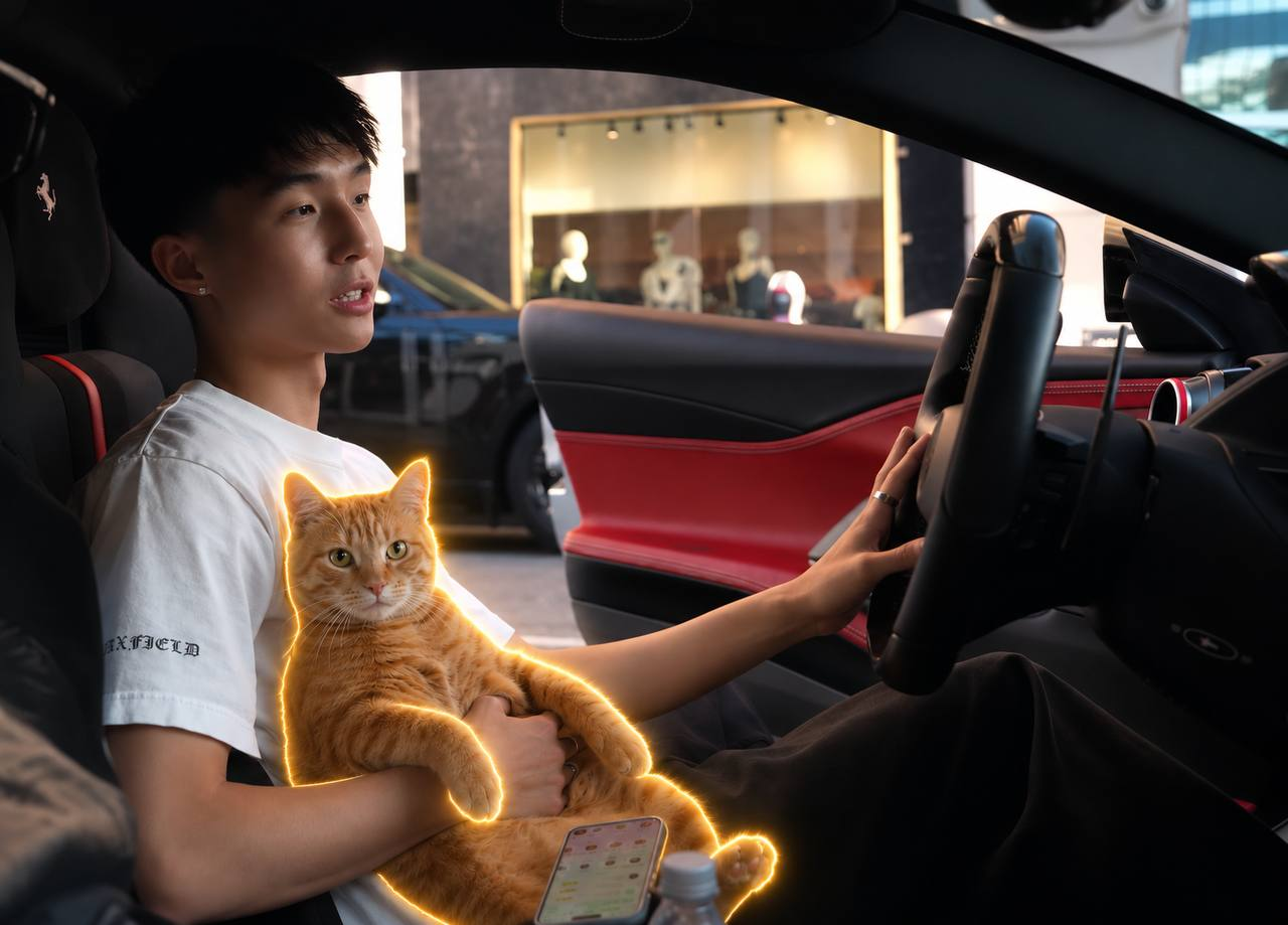 Miso the orange tabby riding shotgun in a Ferrari