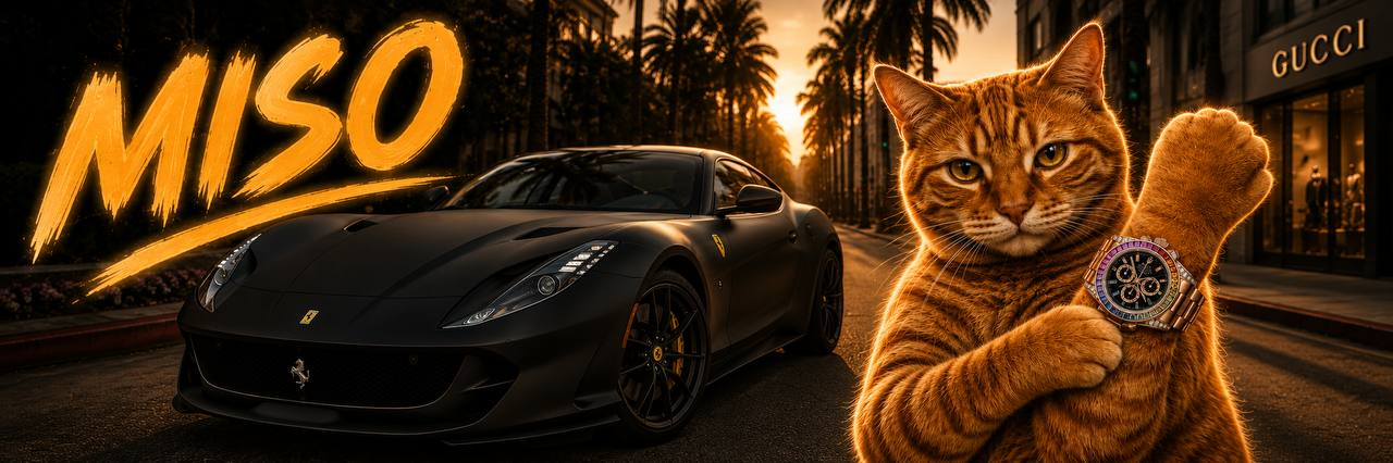 Miso wearing a rainbow Daytona beside a matte black sports car at sunset